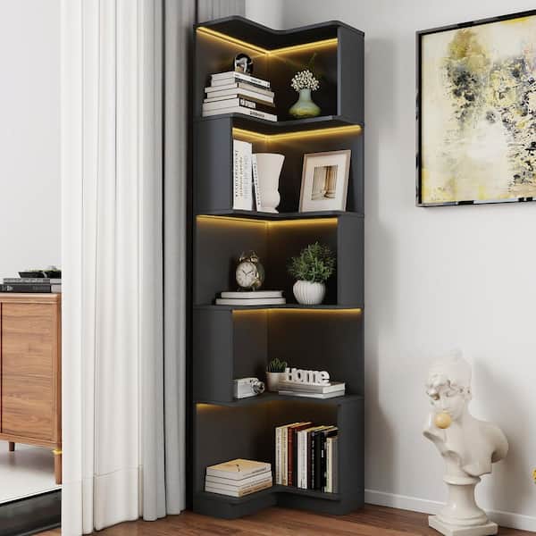 Nathan 68.9 in. Tall Black Wood 5-Shelf Accent Storage Bookcase with Baffle, LED Lights