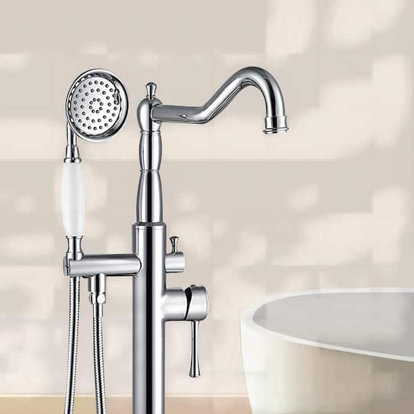 Classical Single-Handle Freestanding Bathtub Faucet with Hand Shower in Chrome