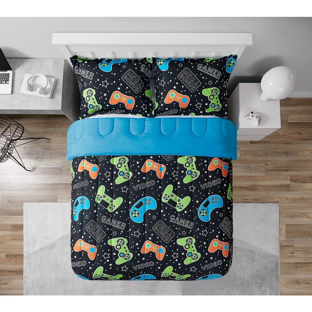 Full Black Reversible Microfiber Gamer Comforter Set