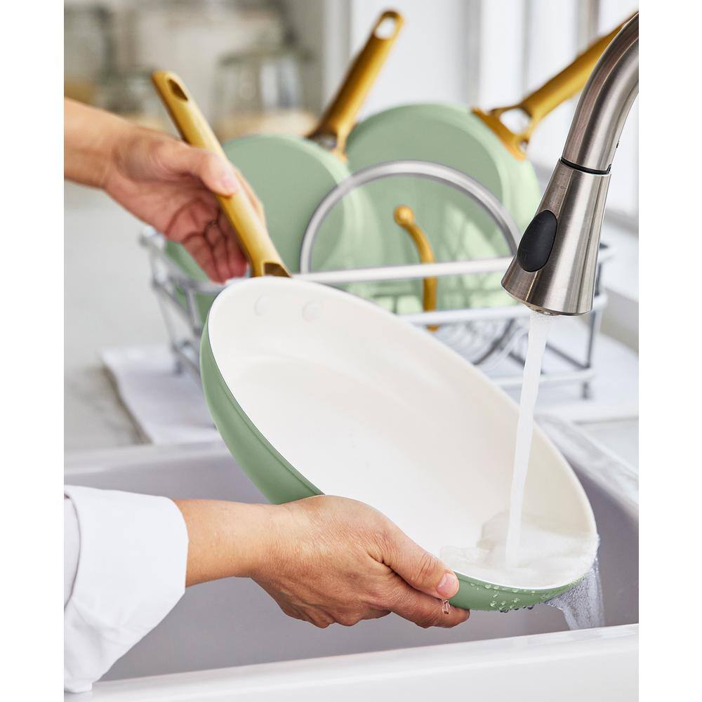 Sage Green Aluminum Ceramic Nonstick Fry Pan Set with Gold Handles
