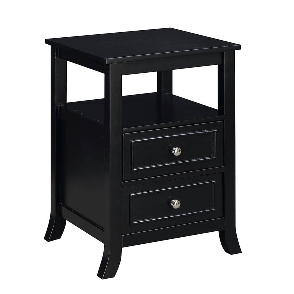 Black Wood End Table with Storage Drawers and Shelf