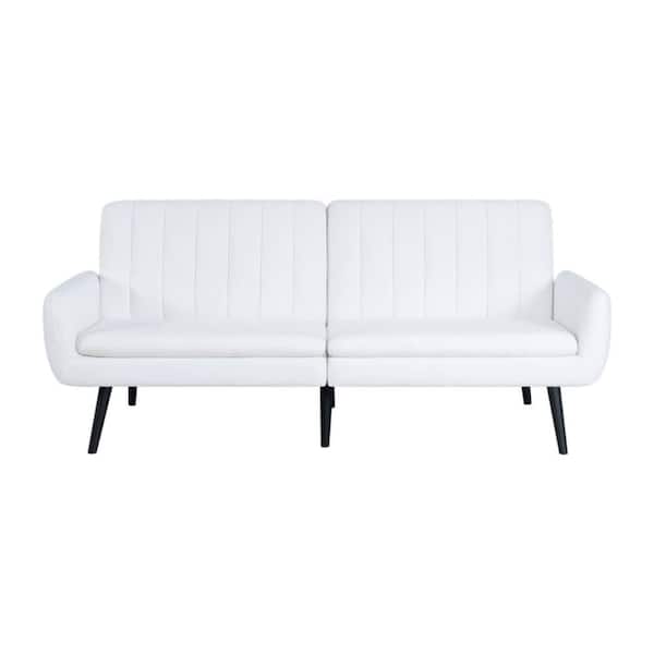 MAYKOOSH White Modern Futon Sofa Bed, Convertible Sofa Futon, Split Back Linen Sleeper Couch with Tapered Legs