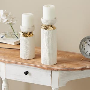 White Ceramic Candle Holder with Abstract Spotted Pattern and Gold Leaf Accents (Set of 2)