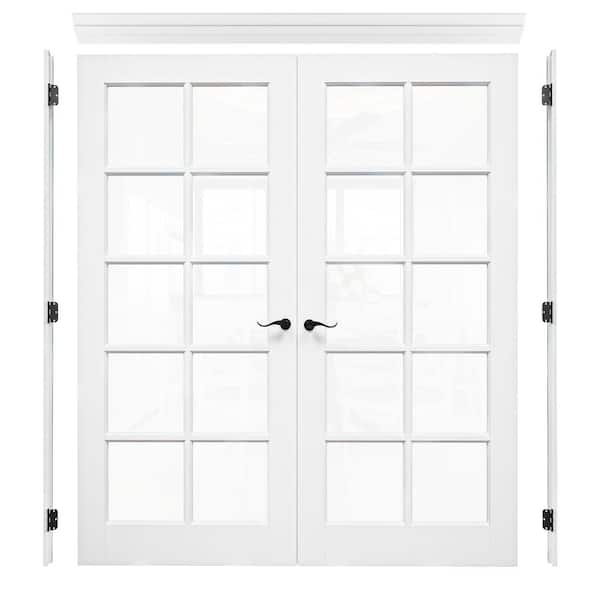 72 in. x 80 in. Universal Hand 10-Lite Clear Glass White Solid Core Wood Double Prehung French Door+ Quick Assemble Jamb