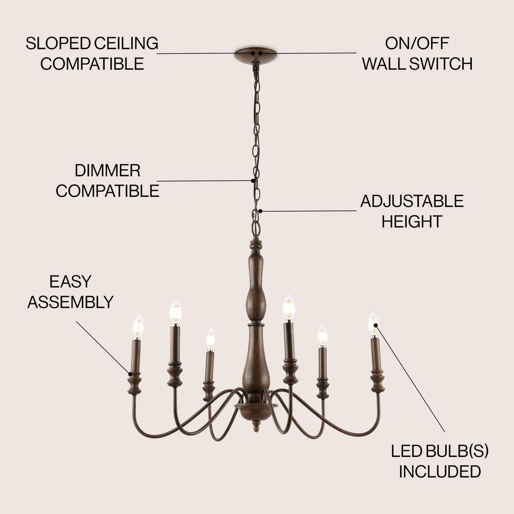 Victoria 29" Rustic Brown Iron 6-Light LED Candle Chandelier