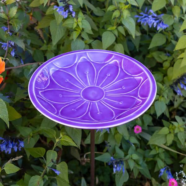 12 in. Lilac Lolly Birdbath with Stake, Solid Brass, Outdoor, Lilac Purple Blue, Glass Enamel Finish