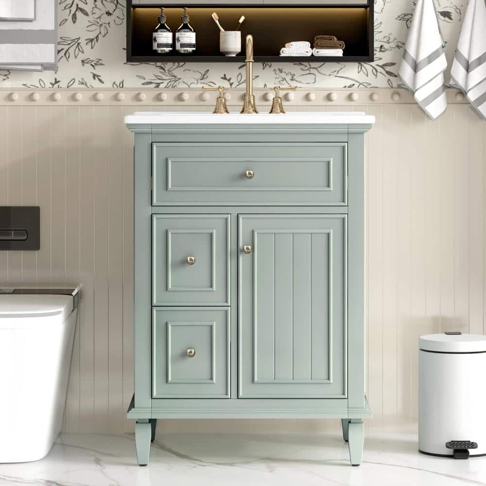 24 in. Single Sink Freestanding Green Bath Vanity with White Ceramic Top, 2 Doors, 2 Drawers & Adjustable Shelf price history on PriceWatchPro