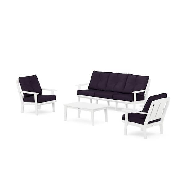 POLYWOOD Mission 4-Pcs Plastic Patio Conversation Set with Sofa in White/Navy Linen Cushions