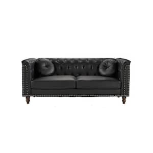 Fogg 75.98 in. Rolled Arm Faux Leather Mid-Century Modern Straight Sofa in Black