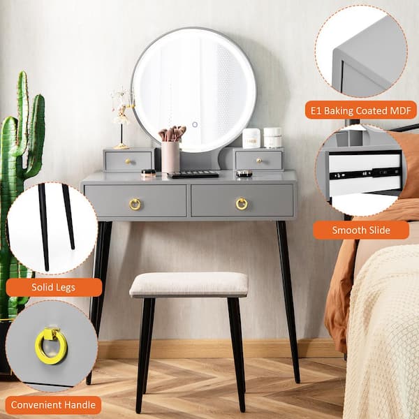 grey colour dressing table Costway Gray Armoire Vanity Makeup Stool Set 3-Color ighted Mirror W/Drawers 31'' x 16'' x 51.5'' (L x W x H) K0L-10N04-A9U1-GR hoodie with boots