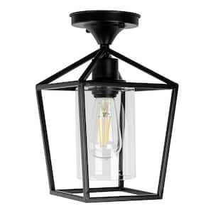 7 in. 1-Light Black Semi Flush Mount Ceiling Light,Farmhouse Retro Cage Kitchen Lighting Fixtures with Glass Shade