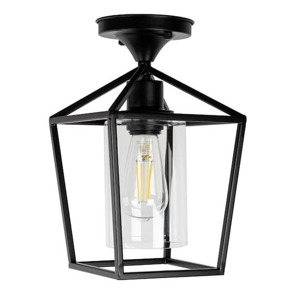 YANSUN 7 in. 1-Light Black Semi Flush Mount Ceiling Light,Farmhouse Retro Cage Kitchen Lighting Fixtures with Glass Shade