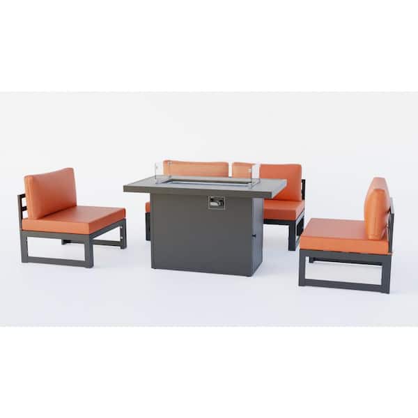Leisuremod Chelsea 5-Piece Aluminum Patio Fire Pit Set with Orange Cushions
