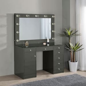 Acena 2-Piece Grey Glass Top 7-Drawer Makeup Vanity Desk with Lighting