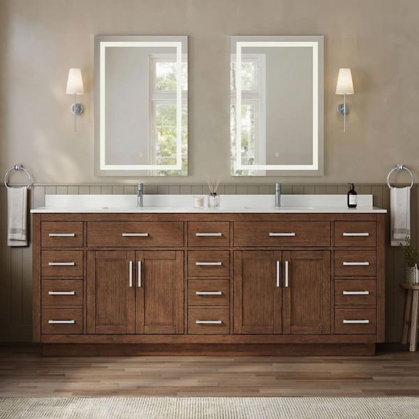 Beckett TK 84 in. Double Freestanding Dark Oak with Brushed Nickel Trim Bath Vanity with White Cultured Marble Top