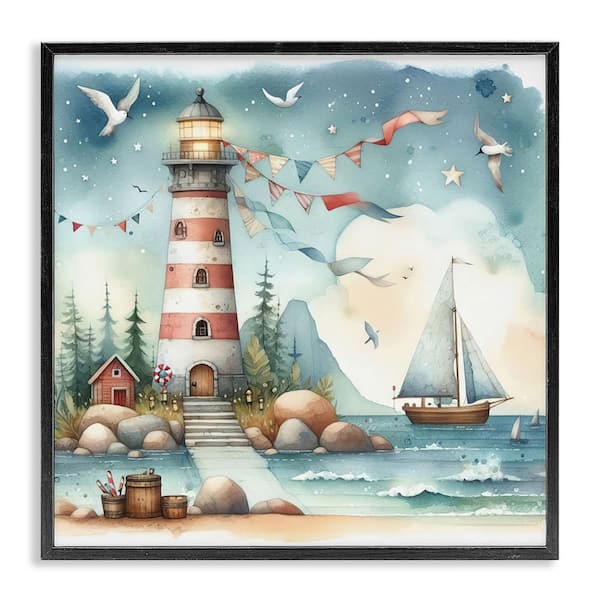 Stupell Industries Whimsical Lighthouse and Birds by LSR Design Studio Black Framed Coastal Giclee Art Print 17 in. x 17 in.