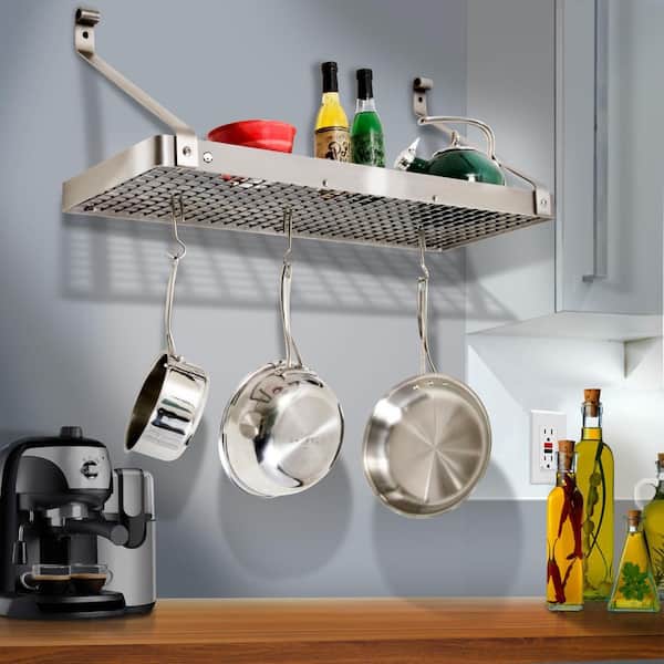 Handcrafted 36 in. Gourmet Deep Bookshelf Wall Rack with 12-Hooks Stainless Steel