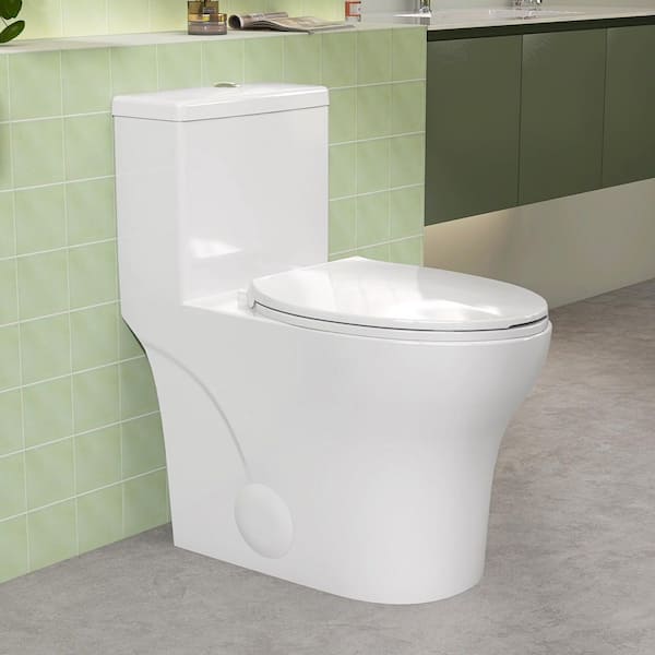 1-Piece 1.1/1.6 GPF Dual Flush Round Toilet in White 12-inch Rough in with 17 in. Chair Height Soft Close Seat Included