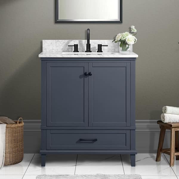 Merryfield 31 in. Single Sink Dark Blue-Grey Bath Vanity with White Carrara Marble Top (Assembled)
