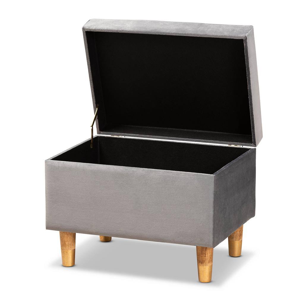 Elias Grey Velvet Upholstered Storage Ottoman with Oak Legs