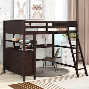 Multifunction Espresso Full Size Wood Loft Bed with Desk, Shelves and Drawers