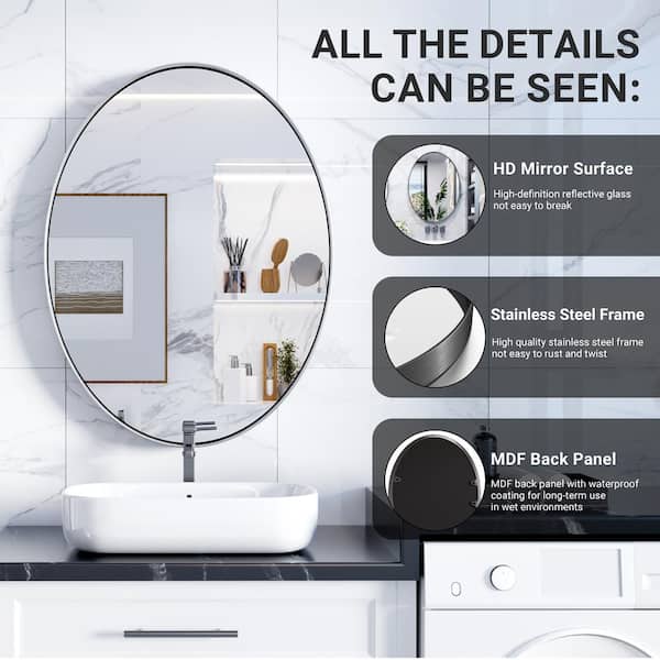 22 in. W x 30 in. H Large Oval Wall Mirror Stainless Steel Framed Bathroom Mirrors Bathroom Vanity Mirror in Matte Black