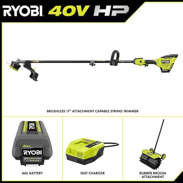 40V HP Brushless 17 in. Cordless Attachment Capable String Trimmer & Rubber Sweeper w/ 4.0 Ah Battery & Charger