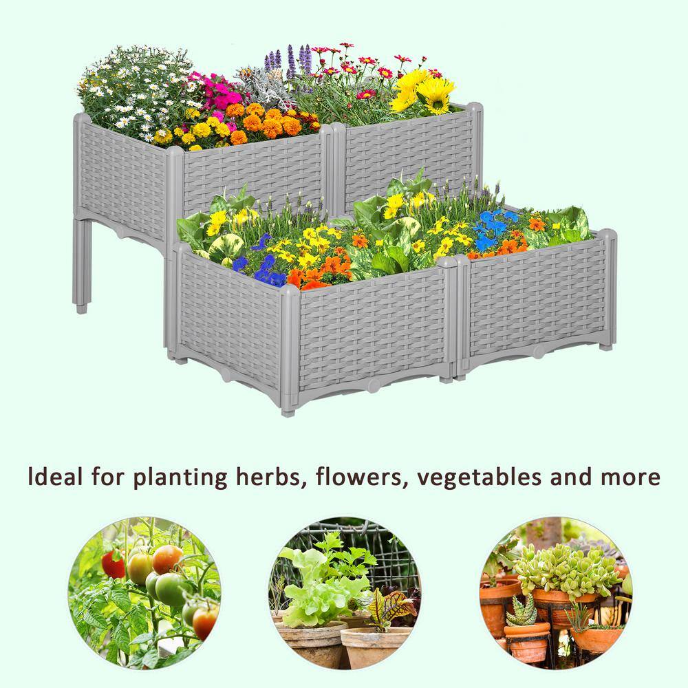Gray 4-Piece Raised Garden Bed Planter with Self-Watering Design