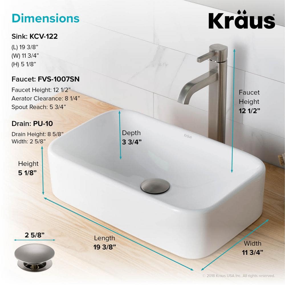 White Ceramic Rectangular Vessel Sink with Satin Nickel Faucet