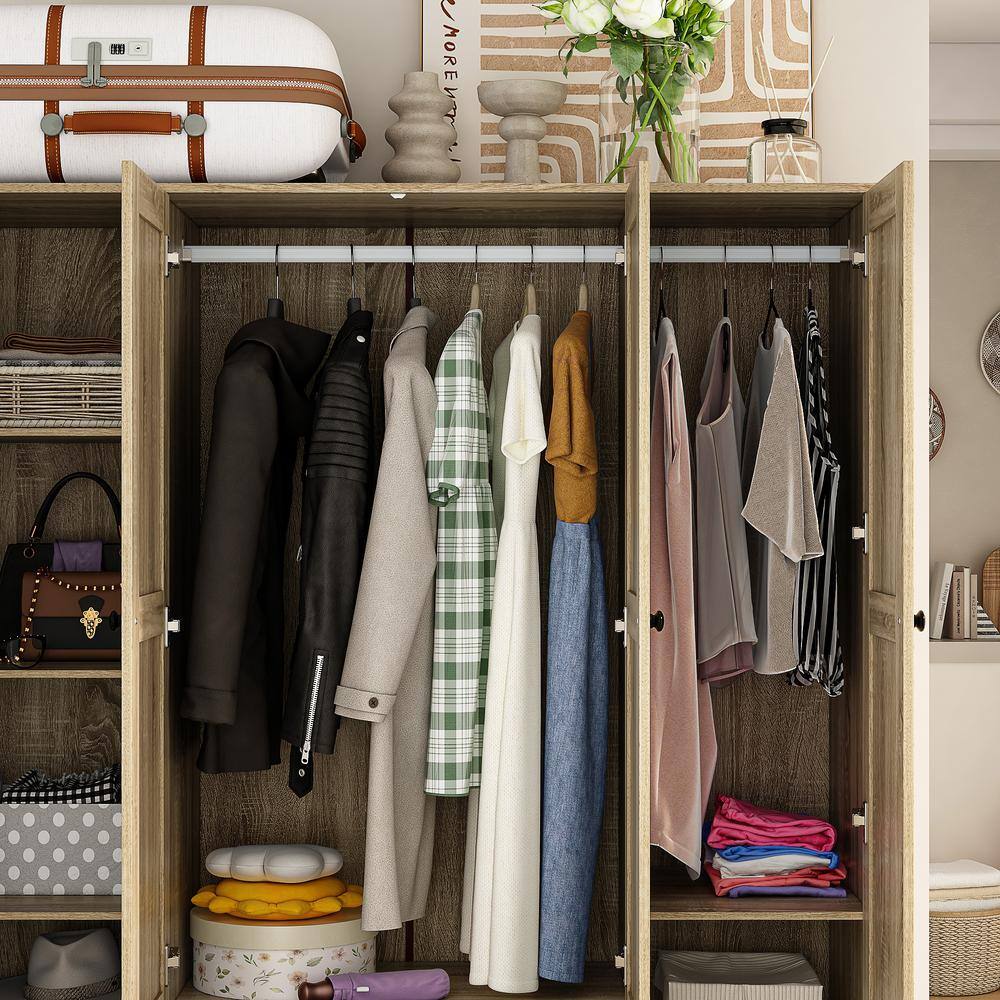 Brown Wood Grain 59 in. W Rattan Doors Design Armoires Wardrobe with 5-Drawers, 2-Hanging Rods (70.8 in. H x 18.8 in. D) - thumbnail 6