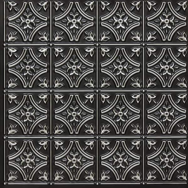 FROM PLAIN TO BEAUTIFUL IN HOURS Gothic Reams Antique Silver 2 ft. x 2 ft. Glue Up PVC Faux Tin Ceiling Tile