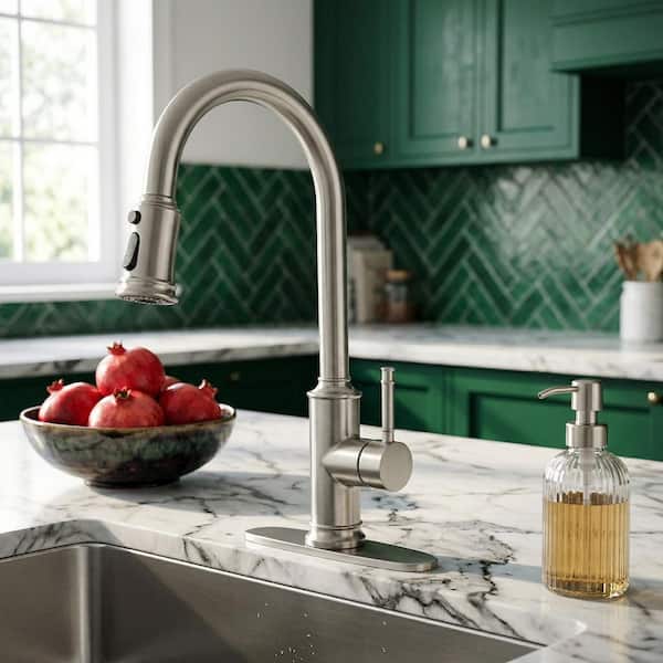 Grarcy 3-Mode Single Handle 19 in. Pull Down Sprayer Kitchen Faucet with 360° Spout Swivel in Brushed Nickel
