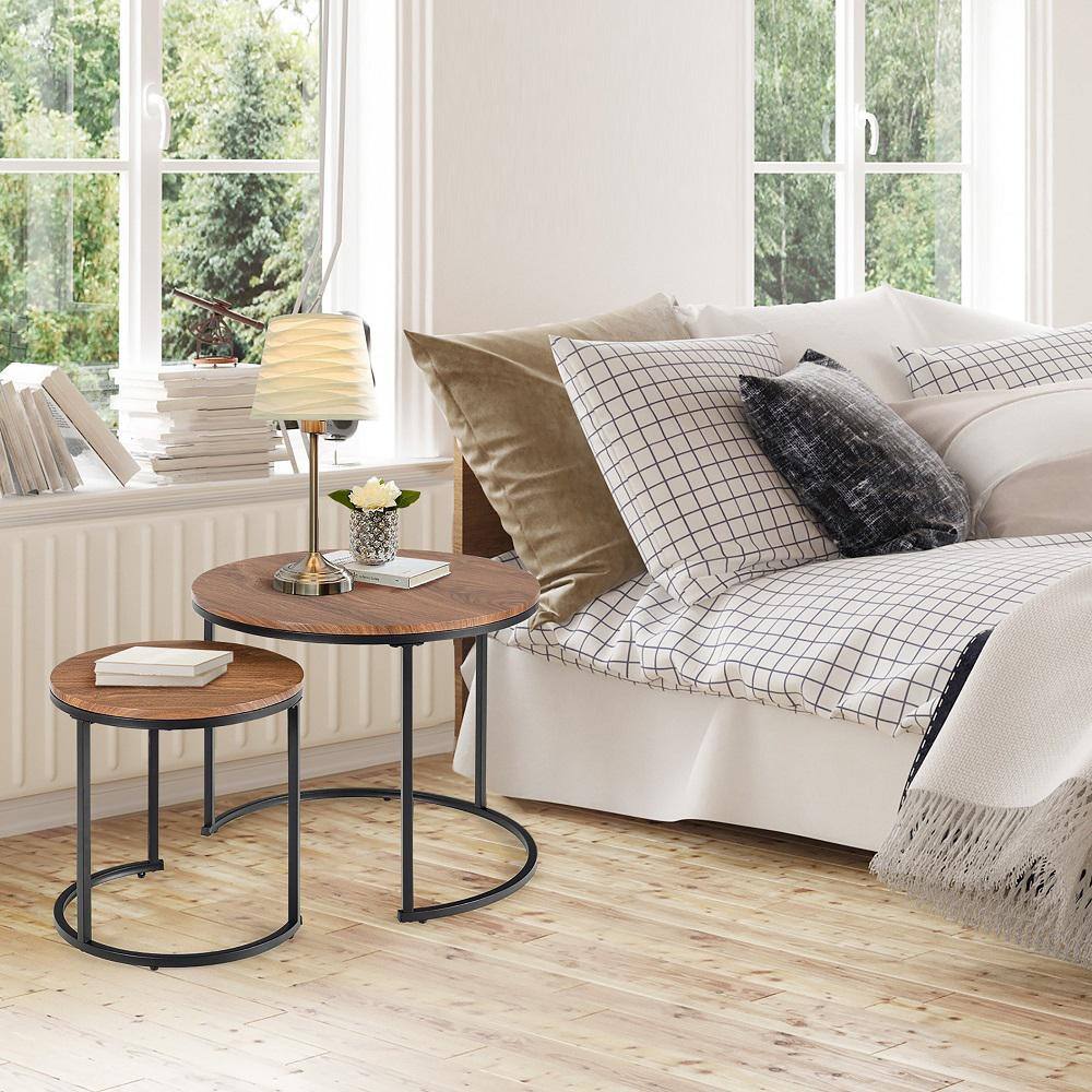 Vintage Walnut Round Nesting Coffee Table Set with Steel Frame