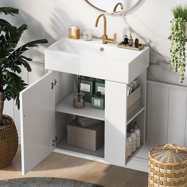 21.6 in. W White Floating Right Side Storage Bathroom Vanity With Ceramic Top