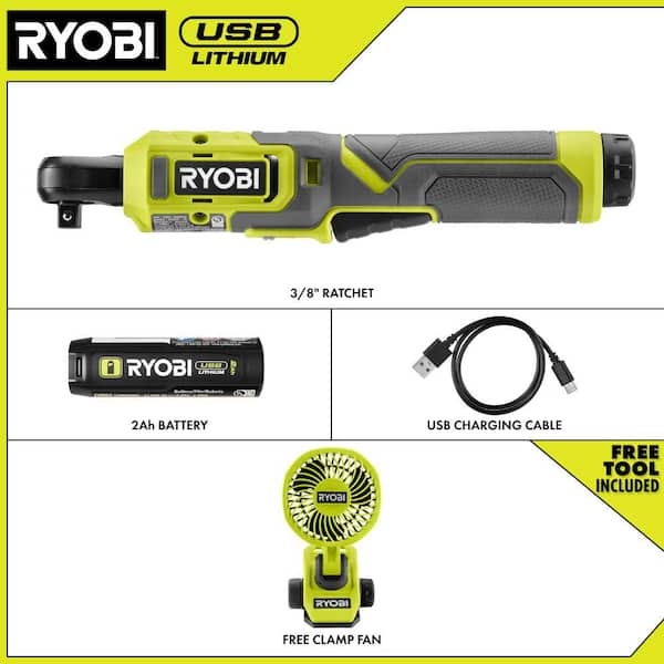USB Lithium 3/8 in. Ratchet Kit, 2.0 Ah Battery, USB Charging Cable with USB Lithium Cordless Clamp Fan