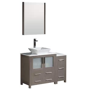 Torino 42 in. Vanity in Gray Oak with Glass Stone Vanity Top in White with White Basin and Mirror (Faucet Not Included)