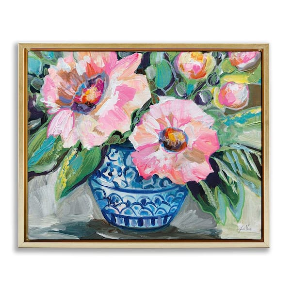 Pink Gerber Daisy Bouquet by Jeanette Vertentes Gold Floater Frame Nature Graphic Art Print 25 in. x 31 in.