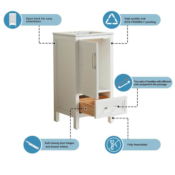 Key 18 in. Single Sink Freestanding White Bath Vanity with Integrated Ceramic Top and Basin Assembled, 2 Sets of Handles