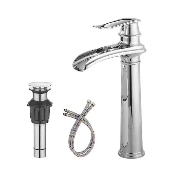 HOMEMYSTIQUE Single Handle Waterfall Vessel Sink Faucet with Drain Kit Included in Polished Chrome