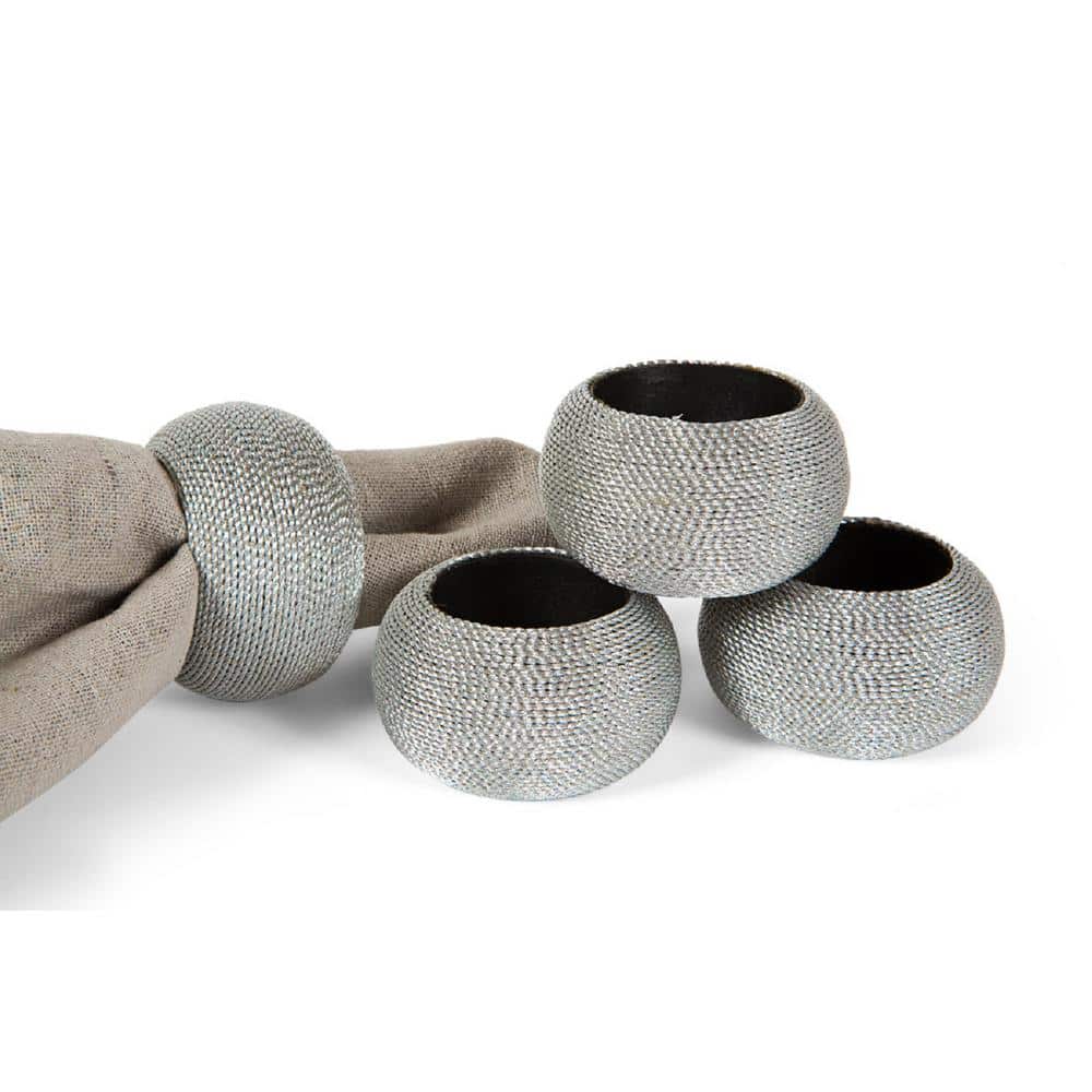 Silver Woven Cord Wrapped Decorative Napkin Rings Set of 4