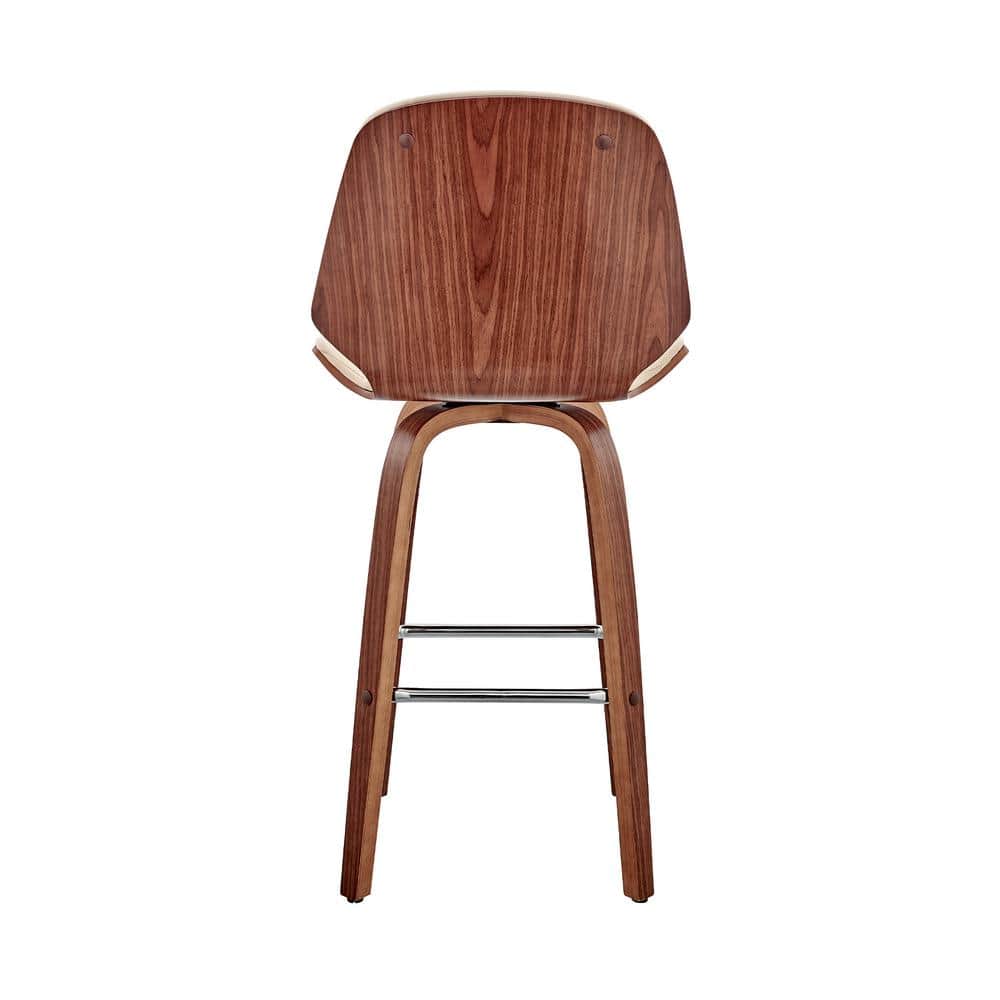 Cream Faux Leather and Walnut Wood Swivel Bar Stool