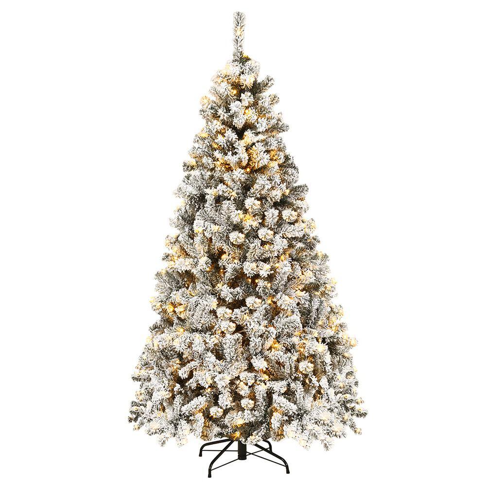 Costway 6 ft. PreLit LED Flocked Snow Hinged Pine Artificial Christmas Tree with 250 White