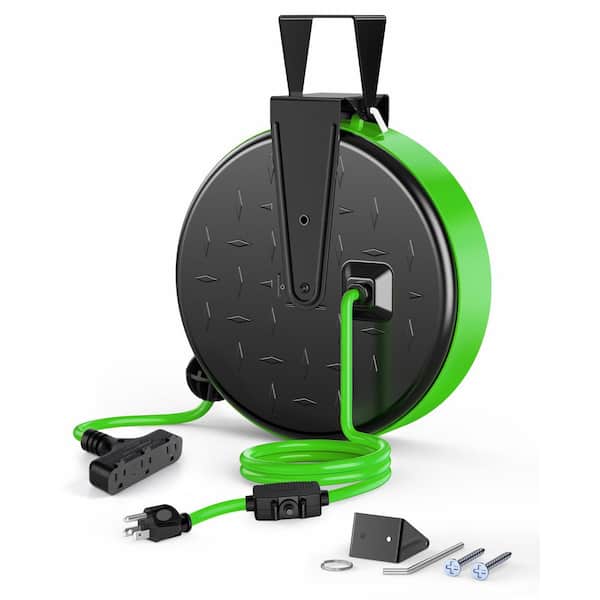 30 ft. 16 / 3 10 Amp Retractable Extension Cord Reel with 3 Outlets, Ceiling / Wall Mount for Garage, Workshop, Green