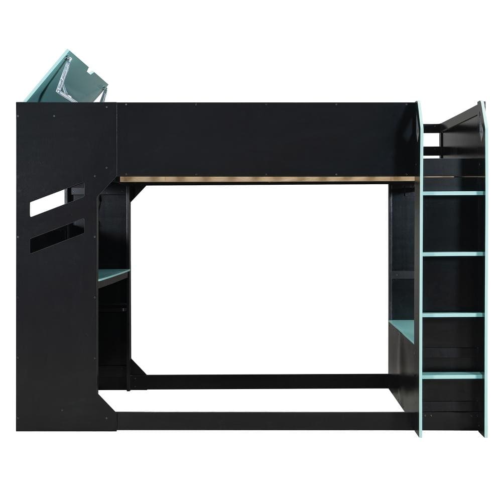 Blue Full Wood Loft Bed with Height-Adjustable Desk, Drawers, Storage Cabinet, Hanging Rod and RGB Lights price history on PriceWatchPro