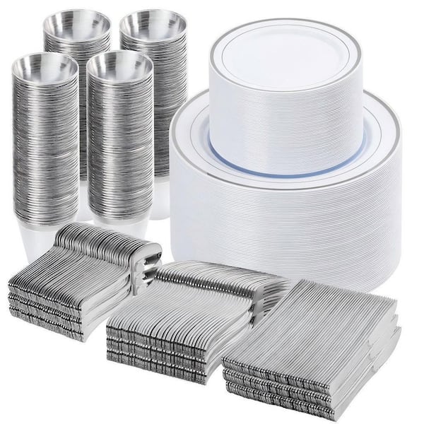 600-Piece Plastic Disposable Dinnerware Set, Service for 100, Plates, Cups, Knives, Forks, Spoons for Parties, in Silver