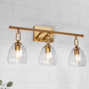 Modern 21.6 in. 3-Light Plated Brass Bathroom Vanity Light with Bell Hammered Glass Shades Bedroom Wall Sconce