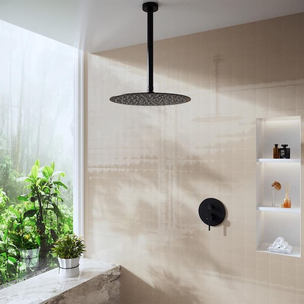 1-Spray Pattern with 2.5 GPM 12 in. Wall Mount Rain Square Fixed Shower Head in Matte Black