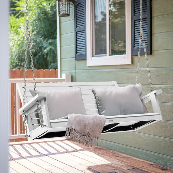 4 ft. 2-Person White Outdoor Plastic Patio Porch Swing with Adjustable Chains