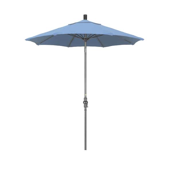 California Umbrella 7.5 ft. Grey Aluminum Market Collar Tilt Crank Lift Patio Umbrella in Air Blue Sunbrella