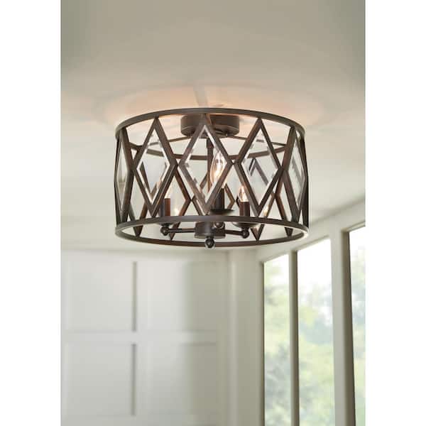 Home Decorators Collection Tessali 16 in. 3-Light Bronze Prismatic Glass Flush Mount Ceiling Light